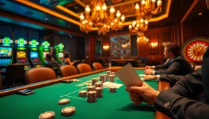 Engage in winning strategies at https://ok8386a.com/ with a luxurious casino scene featuring poker and gaming excitement.