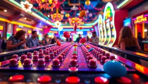 Permainan plinko slot yang menarik dengan papan berwarna-warni dan disk yang jatuh, menciptakan suasana penuh semangat.