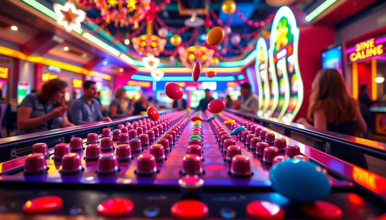 Permainan plinko slot yang menarik dengan papan berwarna-warni dan disk yang jatuh, menciptakan suasana penuh semangat.