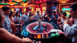 Players placing bets at the luxurious UU88 casino table, surrounded by vibrant gaming elements.