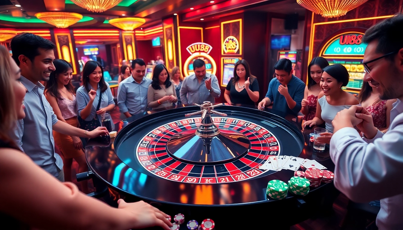 Players placing bets at the luxurious UU88 casino table, surrounded by vibrant gaming elements.