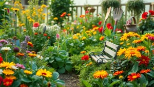 Premium gardening guide featuring a beautiful, thriving garden with vibrant plants, gardening tools, and a cozy bench.