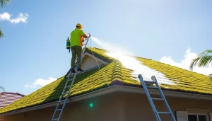 Roof cleaning by professionals in Kissimmee, showcasing before-and-after moss removal.