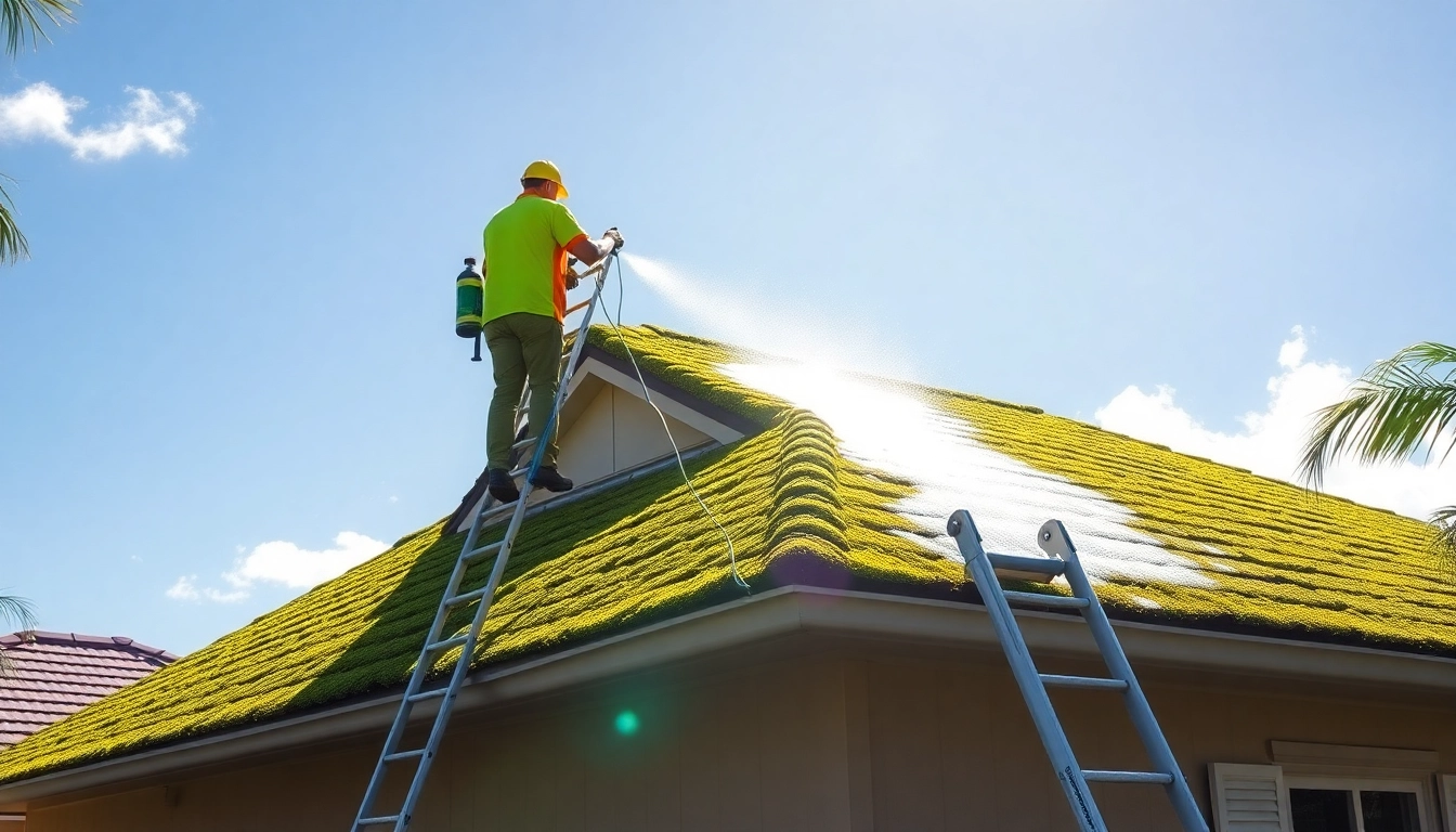 Roof cleaning by professionals in Kissimmee, showcasing before-and-after moss removal.