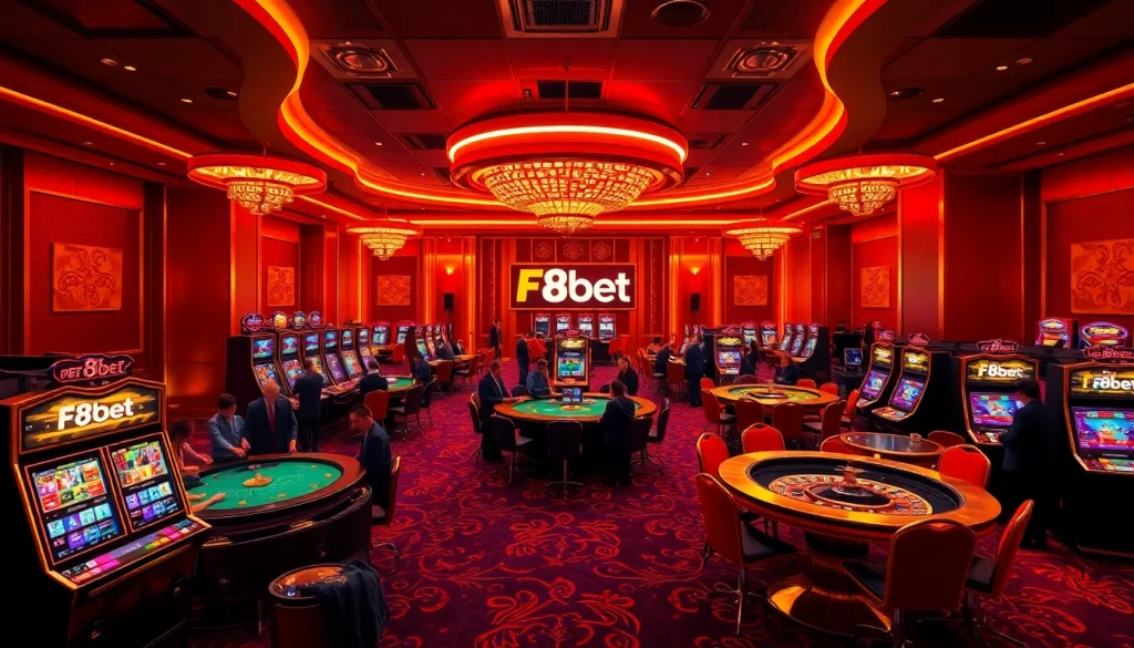 Engage in an exhilarating casino experience with F8bet, showcasing vibrant tables and slot machines.