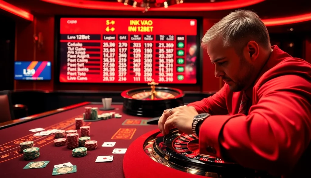 Experience the excitement of 'ink vao 12bet' at a luxurious casino with vibrant betting tables and roulette.