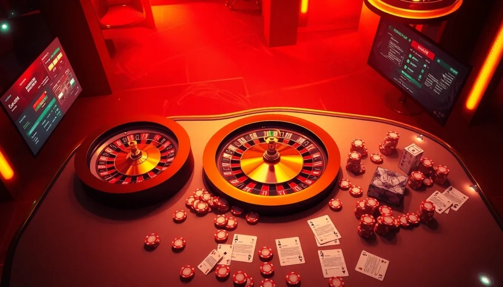 Get into the excitement of gambling at https://nhacaita88.contact/ with a luxurious online casino scene showcasing poker chips and a roulette wheel.