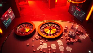 Get into the excitement of gambling at https://nhacaita88.contact/ with a luxurious online casino scene showcasing poker chips and a roulette wheel.