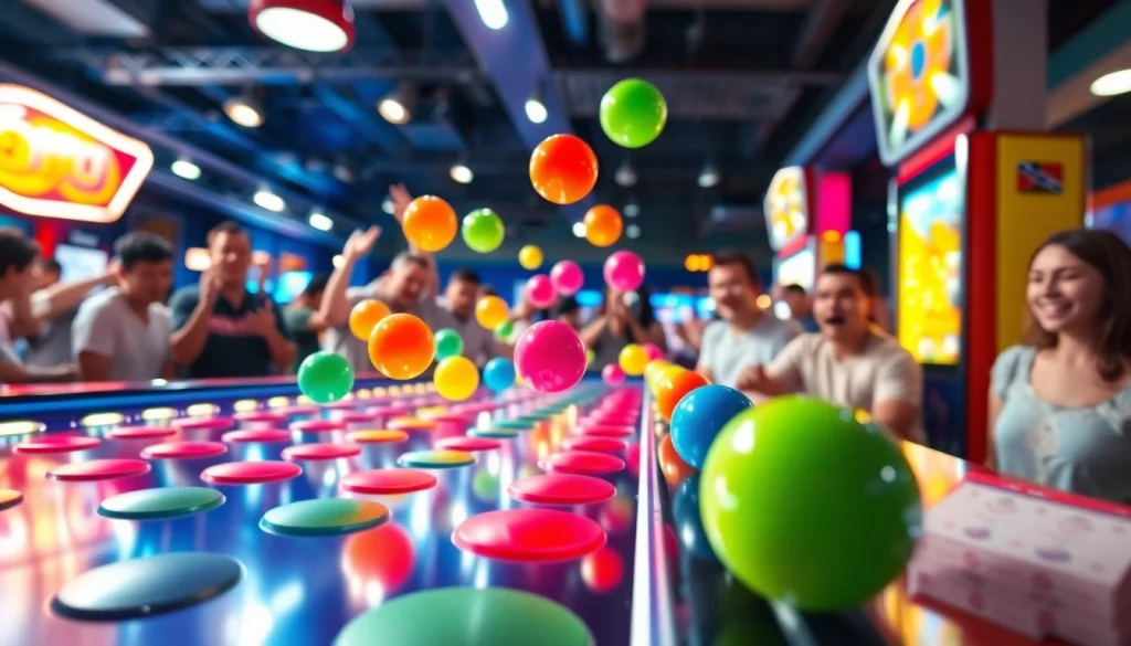 Permainan situs plinko dengan bola warna-warni memantul di papan yang cerah.