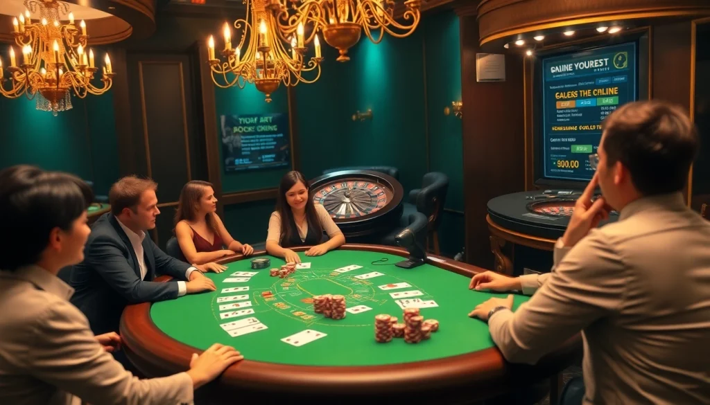 Engaged players enjoy a thrilling F8 bet experience at a luxurious blackjack table in an upscale casino.