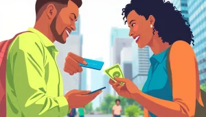 카드현금화와 현금을 교환하는 모습, 복잡한 도시 배경이 인상적입니다.