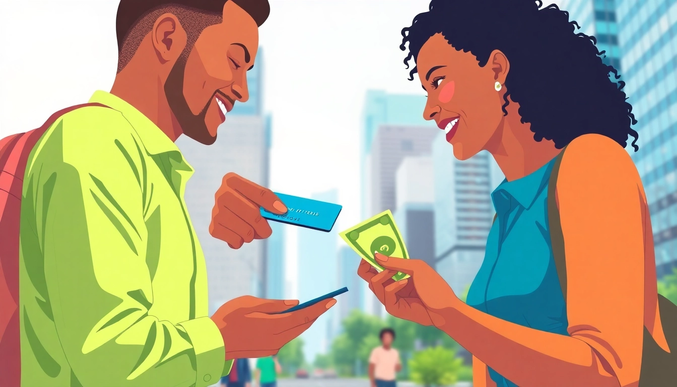 카드현금화와 현금을 교환하는 모습, 복잡한 도시 배경이 인상적입니다.