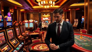 Engaging scene of EE88 casino with vibrant slot machines and a roulette wheel showcasing luxury gambling experience.