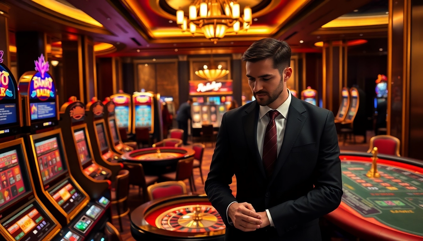 Engaging scene of EE88 casino with vibrant slot machines and a roulette wheel showcasing luxury gambling experience.