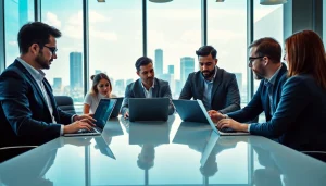 Traders collaborating over data insights in a bright office, focusing on sway markets.