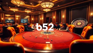 Players enjoy high-stakes poker at the b52 casino with vibrant chips and a roulette wheel.