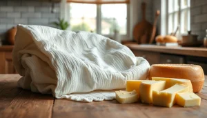 Kaasdoek ligt mooi gevouwen op een keukentafel met een selectie van kazen.