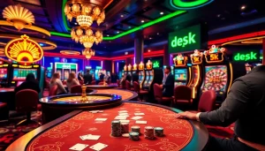 A lively casino atmosphere with players gambling, showcasing depo 5k digital interface, poker chips, and roulette.