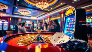 Experience the thrill of cm88 com with a luxury casino scene featuring roulette, slot machines, and engaged players.