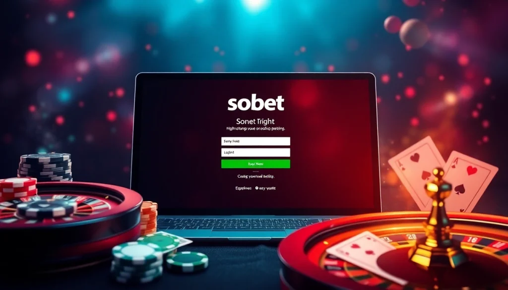 Engaging sbobet login interface surrounded by casino elements like poker chips and a roulette wheel.