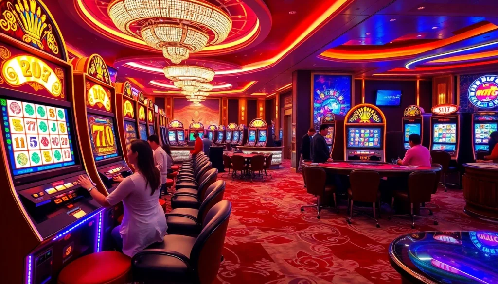 Experience the excitement of winning at the mahjong slot demo in a bustling casino atmosphere filled with vibrant slot machines and cheering players.