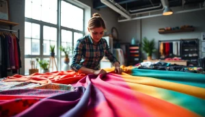 Creëer unieke ontwerpen met kleurrijke stretch stoffen en texturen in een professionele studio.