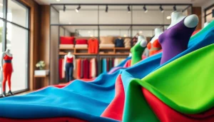Spandex kopen in diverse kleuren en texturen in een stijlvolle winkelomgeving.