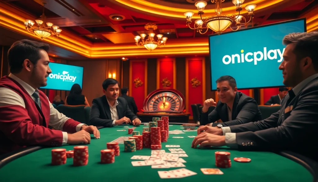 Engaging in a thrilling poker game at a luxurious casino featuring onicplay digital interface.