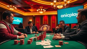 Engaging in a thrilling poker game at a luxurious casino featuring onicplay digital interface.