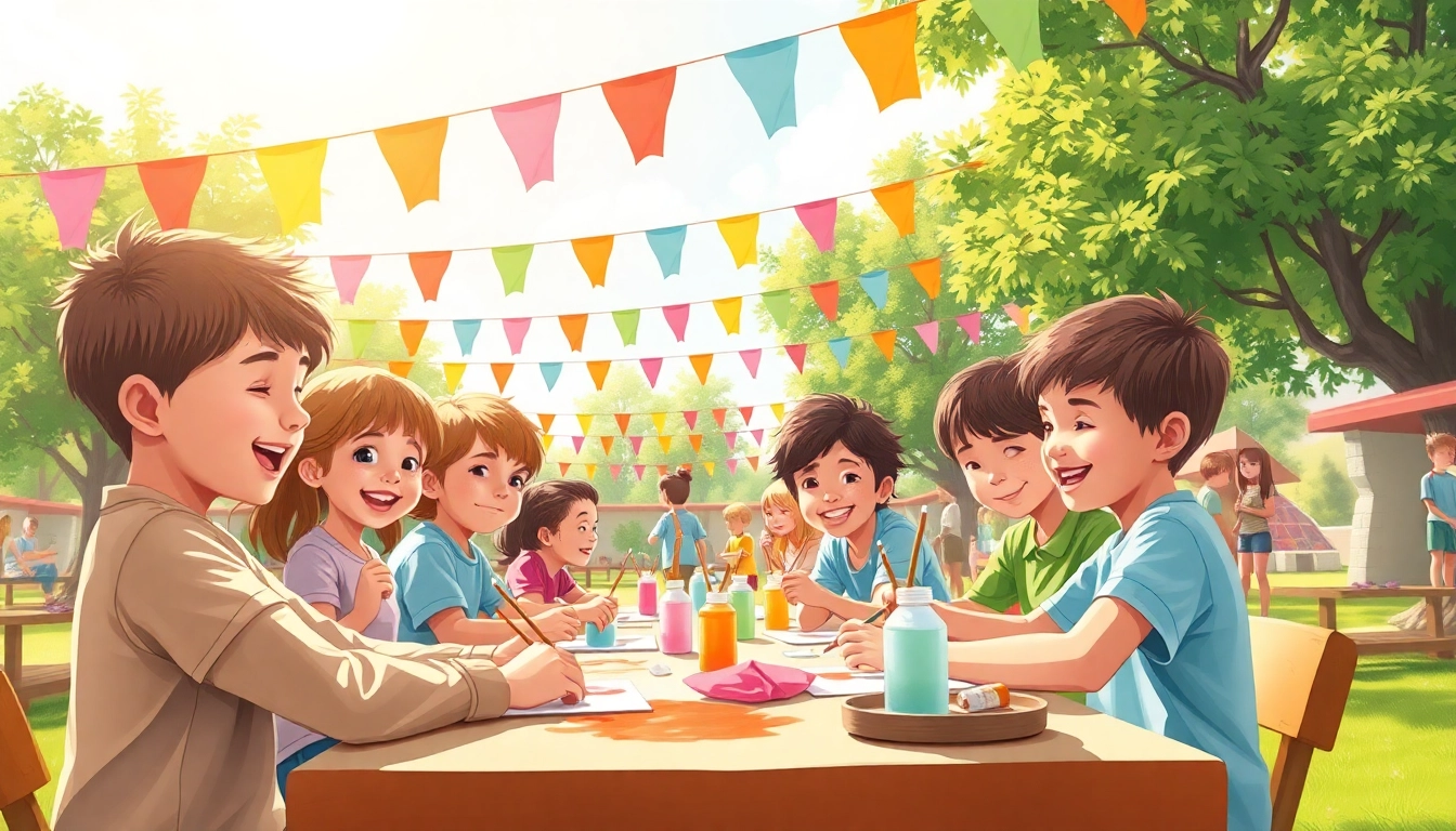 Children enjoying fun activities at holiday camps while painting under sunny skies.