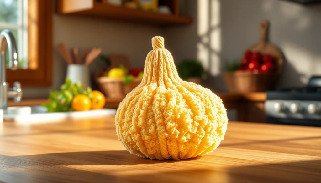 Clean kitchen loofah on a vibrant countertop, enhancing natural kitchen aesthetics.