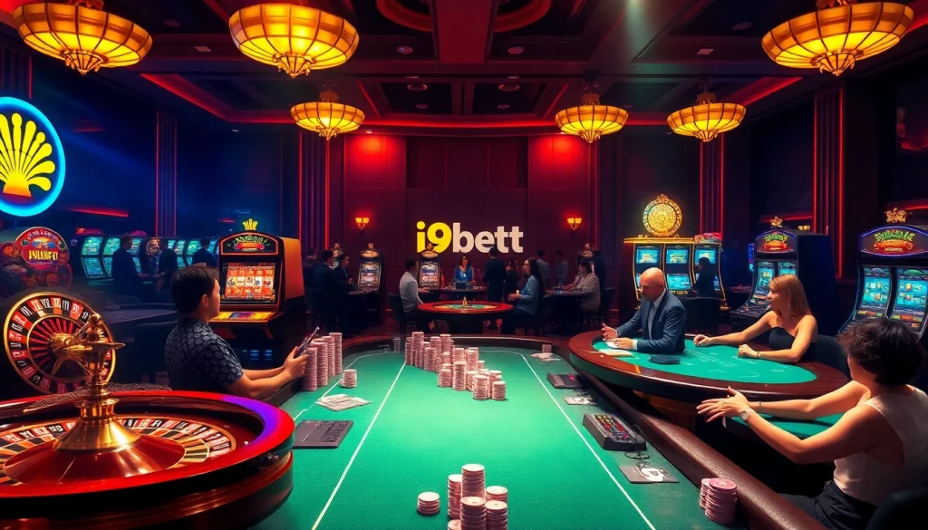 Engaging gamblers at i9bett.cn.com with vibrant casino elements including roulette, slots, and poker chips.