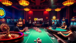 Engaging gamblers at i9bett.cn.com with vibrant casino elements including roulette, slots, and poker chips.