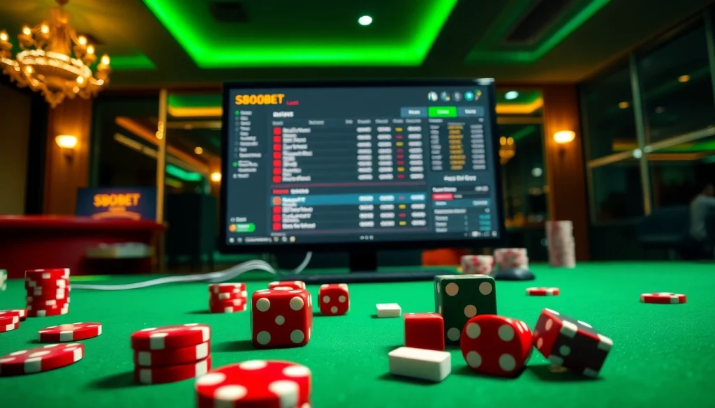 Explore sbobet login interface with vibrant poker chips and an engaging online betting atmosphere.