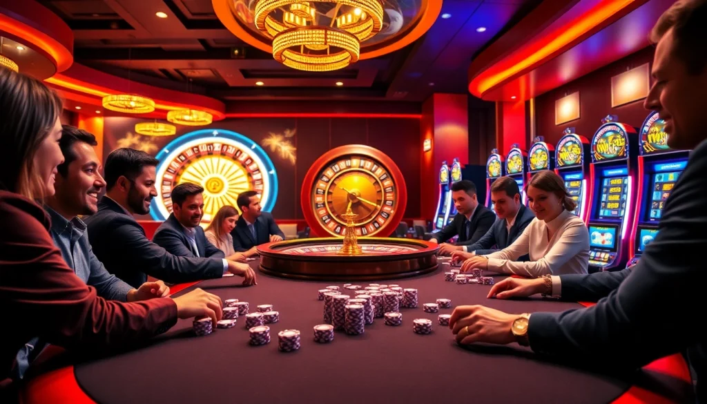 Experience thrilling wins at https://jun886.dev/ with a vibrant casino scene featuring excited players.