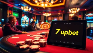 Experience the excitement of 7upbet with a luxurious casino atmosphere featuring poker chips and a roulette wheel.