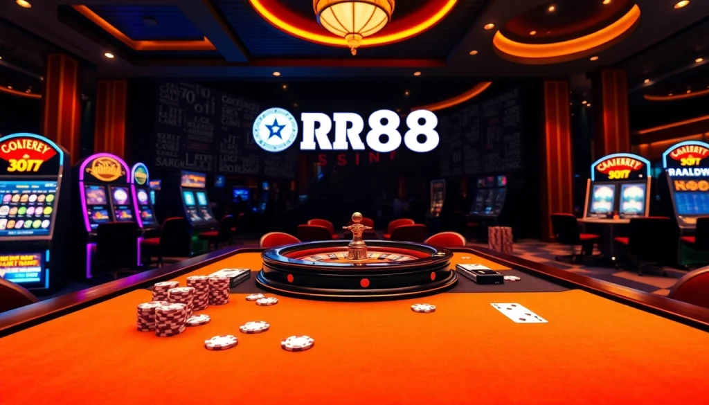 Playing at rr88 casino with vibrant slot machines and an inviting poker table.