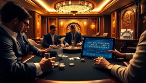 Players engage in an exhilarating poker game at https://nohu.business/, showcasing chips and cards in a luxurious casino setting.