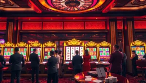 Experience the excitement of the mahjong slot demo in this vibrant casino scene featuring colorful machines and players.
