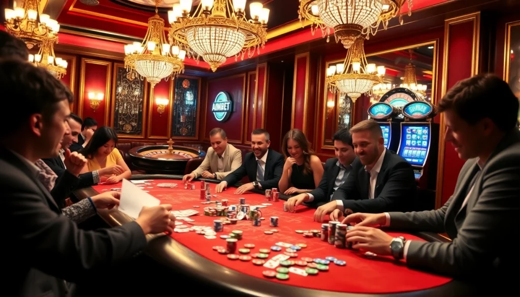 Players enjoy a high-stakes poker game at 7upbet, surrounded by vibrant casino elements.