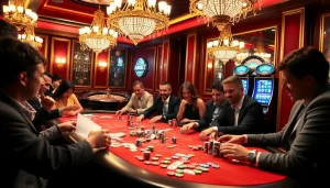 Players enjoy a high-stakes poker game at 7upbet, surrounded by vibrant casino elements.