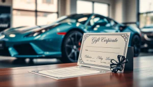 A vibrant car detailing gift certificate elegantly displayed on a wooden table with a luxury car in the background.