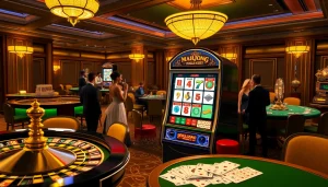 Terlibat dengan demo slot Mahjong di lantai kasino yang elegan menampilkan meja permainan dan pemain yang bersemangat.