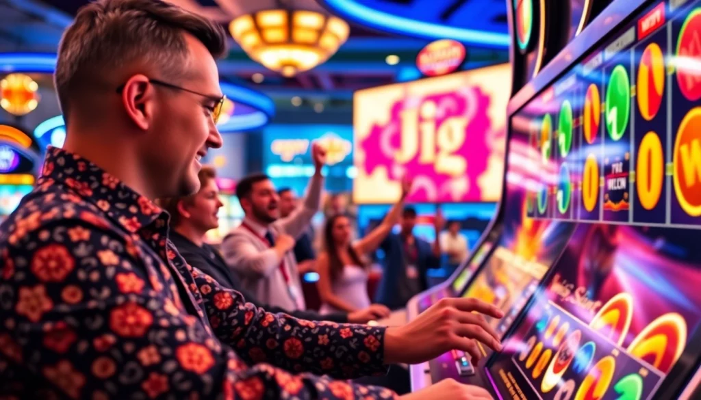 Menggambarkan suasana bermain slot depo 1k secara online dengan keseruan dan grafis yang cerah.