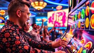 Menggambarkan suasana bermain slot depo 1k secara online dengan keseruan dan grafis yang cerah.