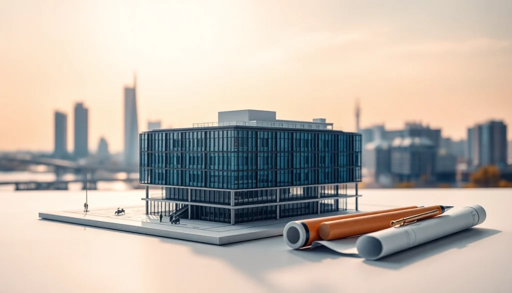 Architekturmodellbau Kiel, detailliertes Modell eines modernen Gebäudes in Kiel auf reflektierender Oberfläche.