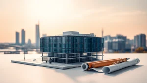 Architekturmodellbau Kiel, detailliertes Modell eines modernen Gebäudes in Kiel auf reflektierender Oberfläche.