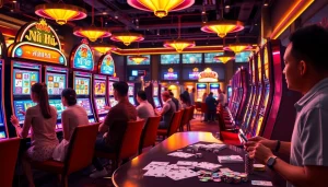 Players enjoying the thrill of nổ hũ at vibrant slot machines in a luxury casino environment.