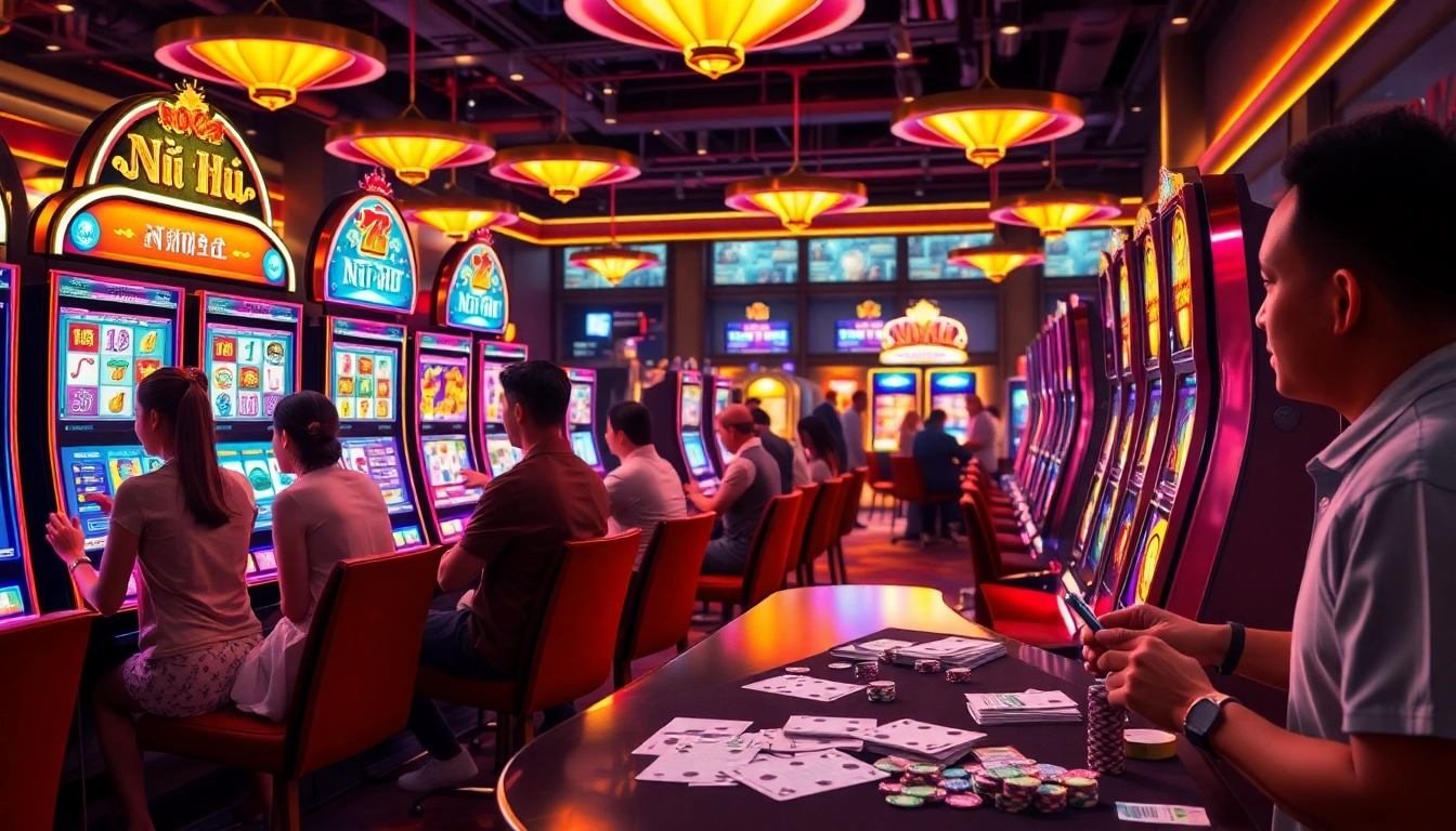 Players enjoying the thrill of nổ hũ at vibrant slot machines in a luxury casino environment.