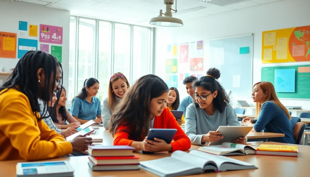 Education scene with diverse students collaborating in a modern classroom.